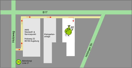 H Bärenbergl Linie 21 Holzweg B17 Hirblinger Str. AWS  Wertstoff- &  Servicepunkt  Holzweg 32 86156 Augsburg  Kleingarten- anlage